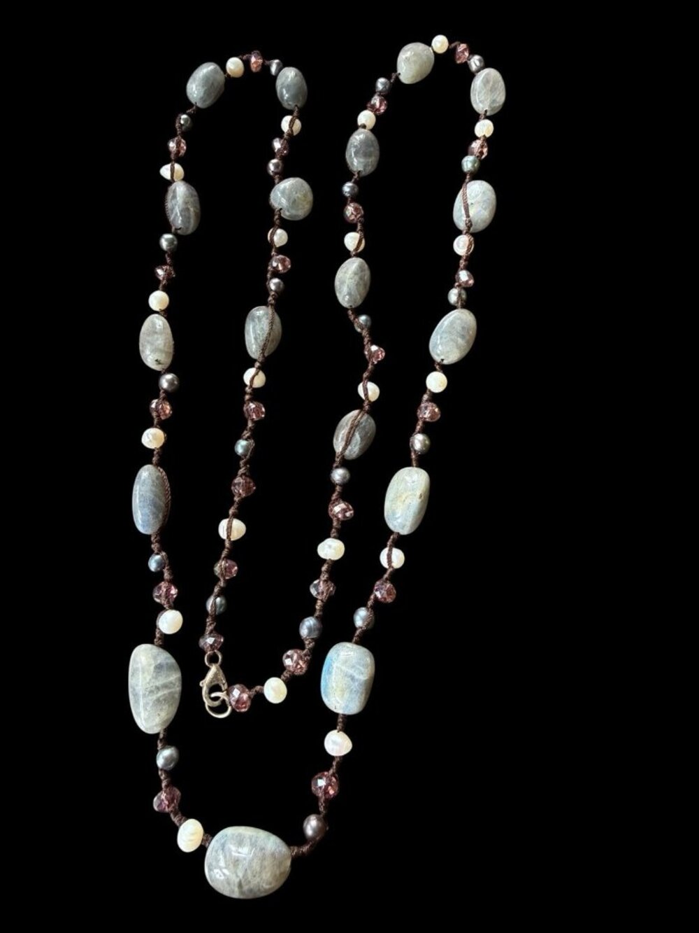 925 Sterling Silver Gemstone Beaded Necklace Pearl Crystal Labradorite Long 38”